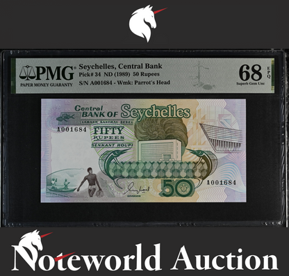 Seychelles Central Bank 50 Rupees ND (1989) P 34 UNC PMG 68 EPQ TOP POP