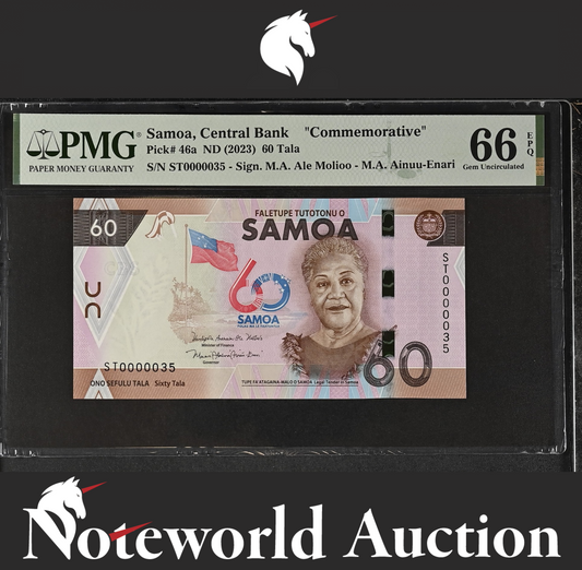 Samoa Commemorative 60 Tala ND (2023) P 46a LOW SERIAL NO. 35 UNC PMG 66 EPQ