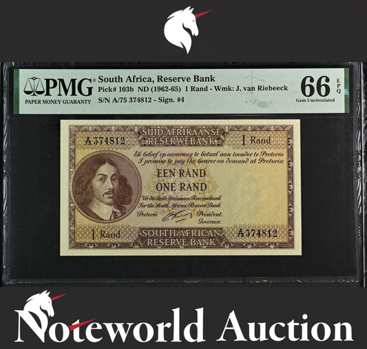 South Africa Reserve Bank 1 Rand ND (1962-65) P 103b UNC PMG 66 EPQ 3rd TOP POP