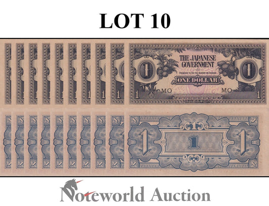 MAYAYA JAPANESE OCCUPATION WWII Lot 10 pcs - 1 Dollar ND 1942 P M5c FOXING UNC