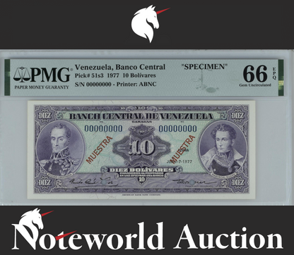 Venezuela SPECIMEN 10 Bolivares 1977 P 51s3 UNC PMG 66 EPQ 3rd TOP POP