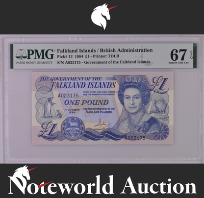 Falkland Islands / British Administration 1 1984 P 13 UNC PMG 67 EPQ 2nd TOP POP