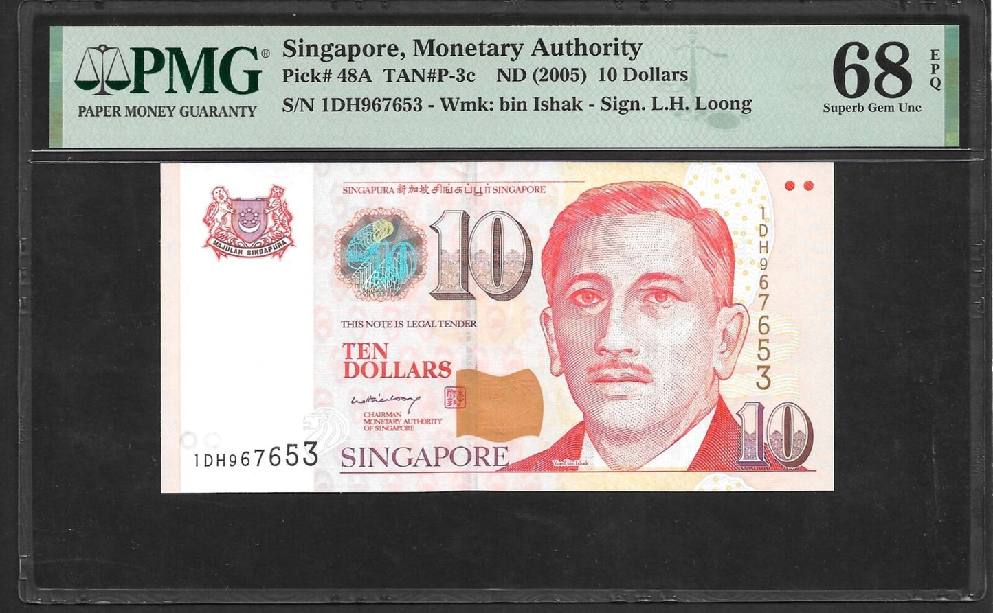 SINGAPORE 10 Dollars 2005 P 48A 2nd TOP POP UNC PMG 68 EPQ