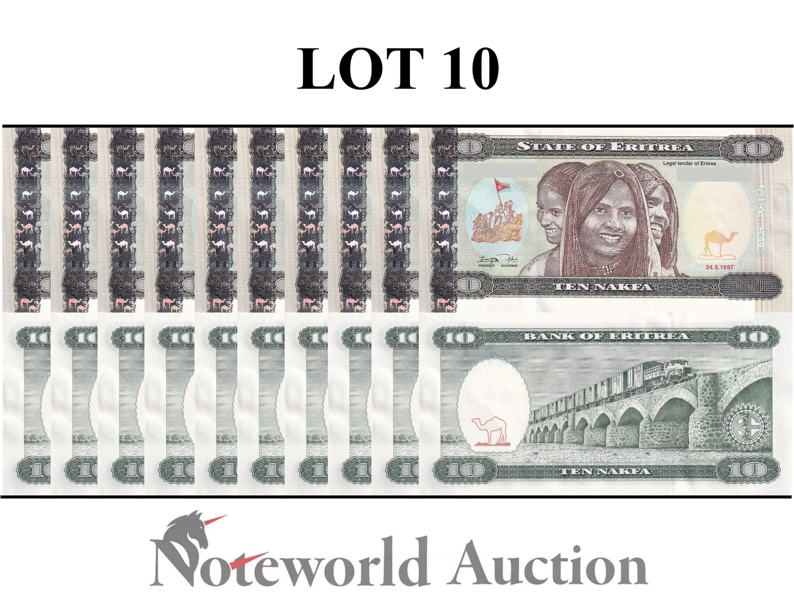 ERITREA Lot 10 pcs 1/10 Bundle - 10 Nakfa 1997 P 3 UNC