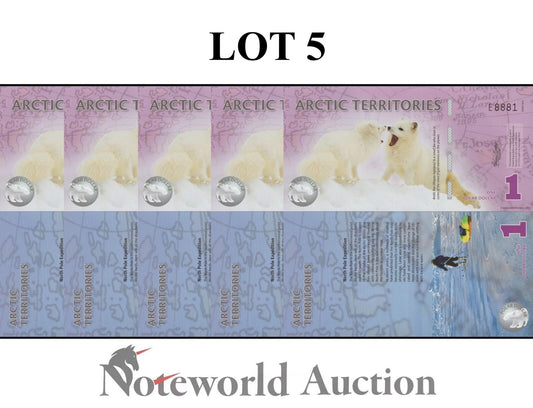 ARCTIC TERRITORIES TEST NOTE Lot 5 pcs - 1 Dollar 2012 Polymer Arctic Fox UNC