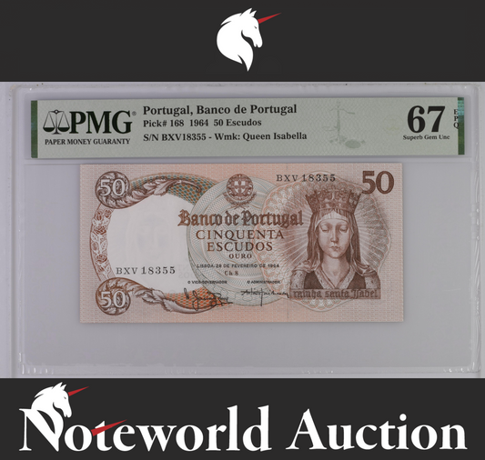 Portugal Banco de Portugal 50 Escudos 1964 P 168 UNC PMG 67 EPQ 2nd TOP POP