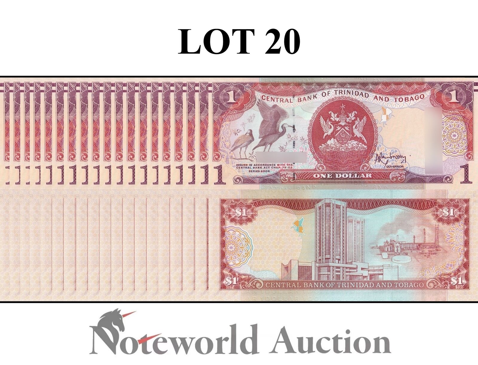 TRINIDAD & TOBAGO Lot 20 pcs 1/5 Bundle - 1 Dollar 2006 P 46A UNC