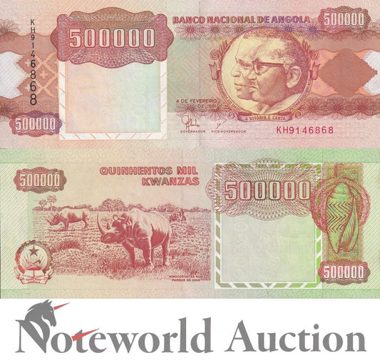ANGOLA 500000 Kwanzas 1991 P 134 Rhino UNC