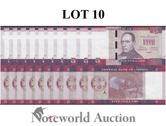 LIBERIA 5 Dollars 2016 P 31a  First Prefix AA Lot 10 pcs 1/10 Bundle UNC