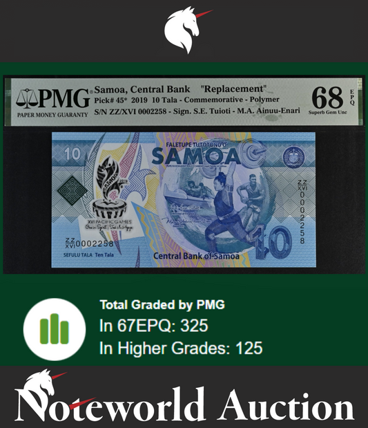 Samoa COMM. 10 Tala 2019 P 45* Polymer Replacement ZZ UNC PMG 68 EPQ TOP POP