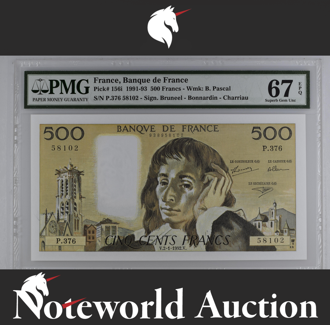 France Banque de France 500 Francs 1991-93 P 156i UNC PMG 67 EPQ TOP POP
