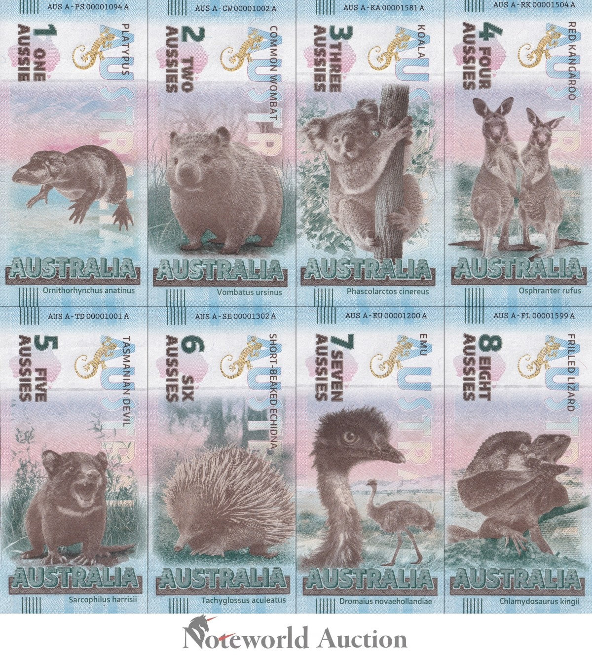 AUSTRALIA TEST NOTE Parliamentary Monarchy Note Full Set Set 8 pcs UNC