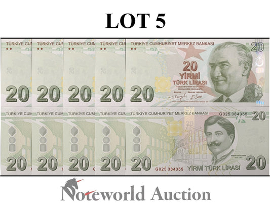 TURKEY 20 Turk Lirasi 2009 P 224 Lot 5 pcs 1/20 Bundle UNC