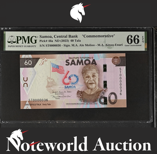 Samoa Commemorative 60 Tala ND (2023) P 46a LOW SERIAL NO. 36 UNC PMG 66 EPQ