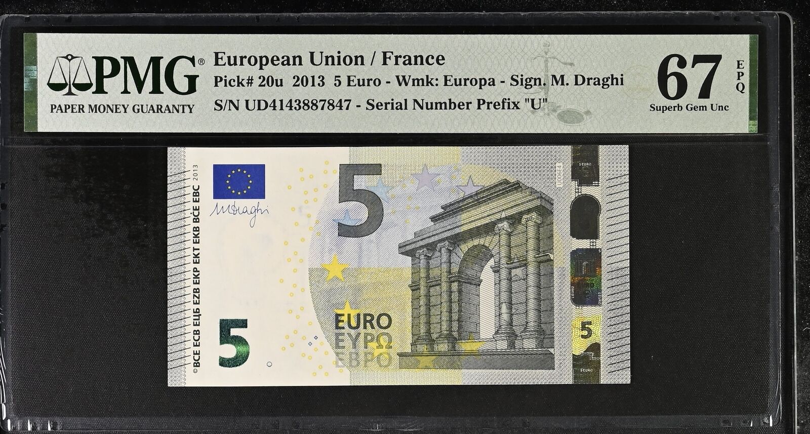 EUROPEAN UNION / FRANCE 5 Euro 2013 P 20u Prefix U UNC PMG 67 EPQ