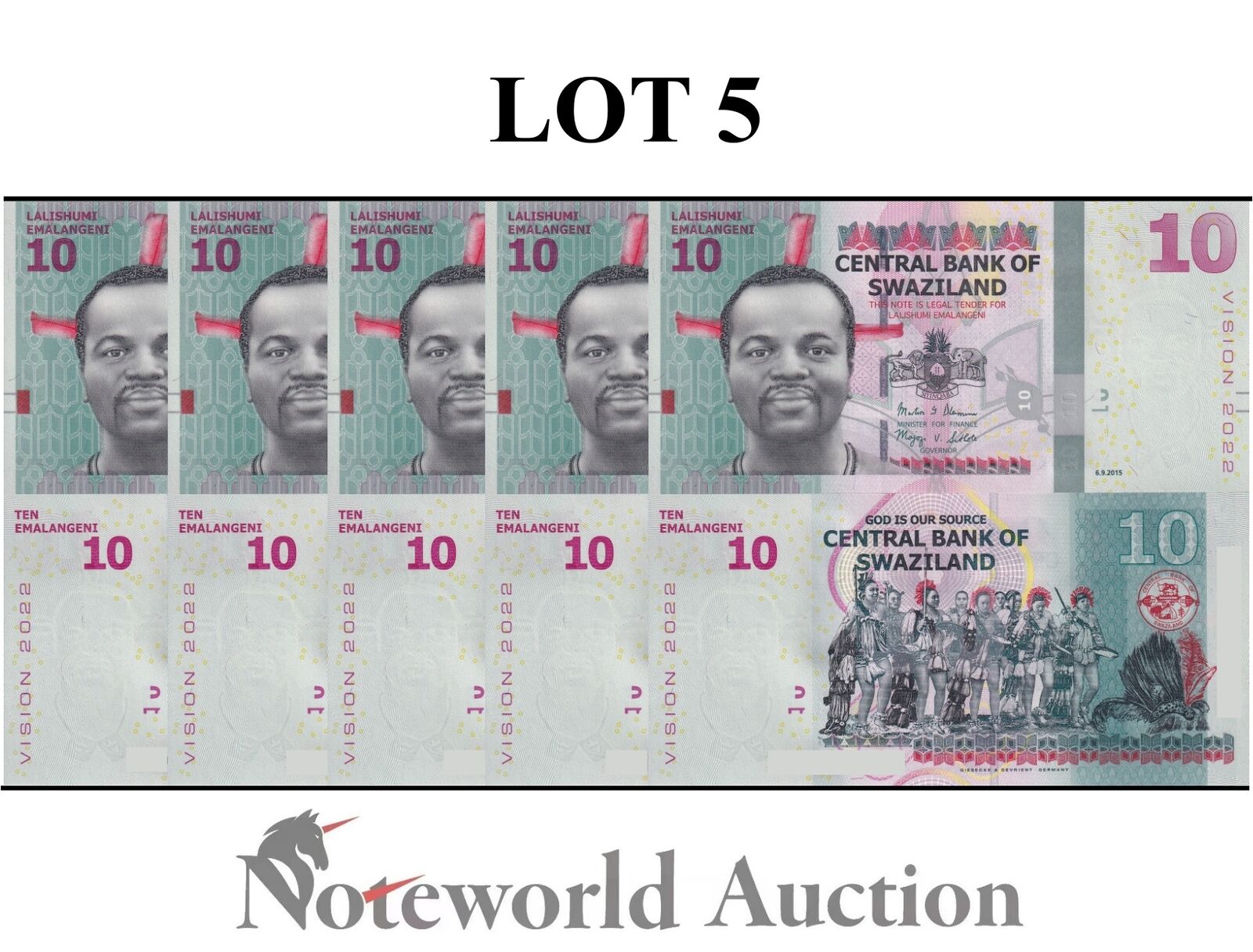 SWAZILAND ESWATINI Lot 5 pcs 1/20 Bundle - 10 2015 P 41 Vision 2022 UNC