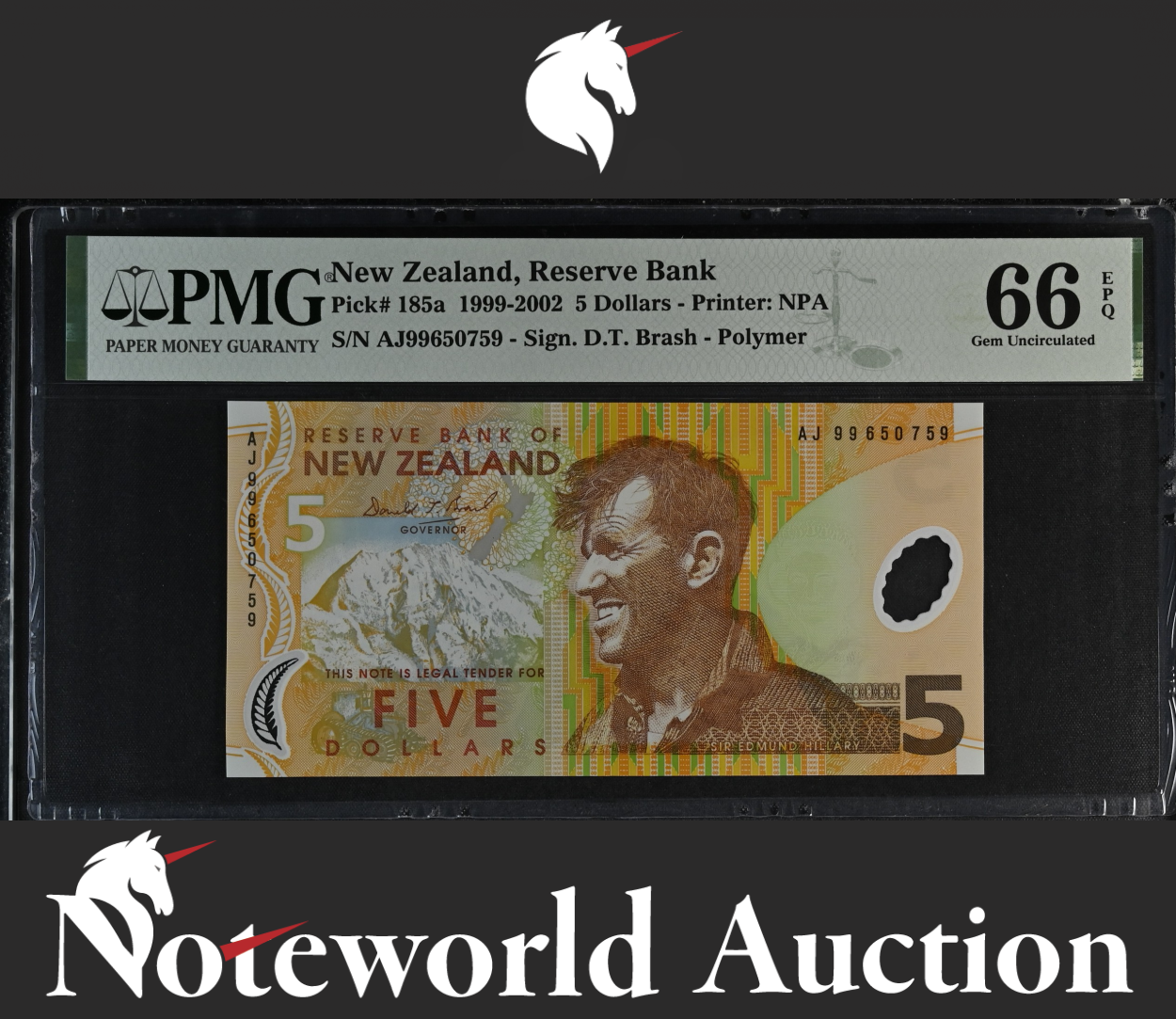 New Zealand Reserve Bank 5 Dollars 1999-2002 P 185a UNC PMG 66 EPQ