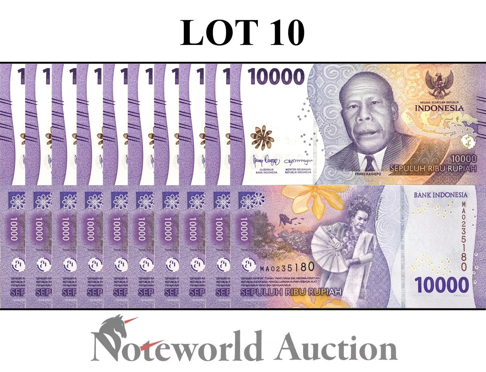 INDONESIA 10000 Rupiah 2022 P 165 Lot 10 pcs 1/10 Bundle UNC