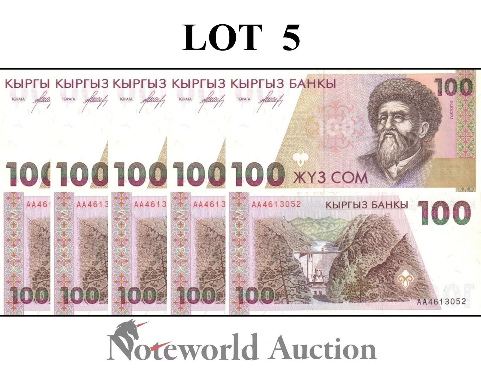 KYRGYZSTAN Lot 5 pcs 1/20 Bundle - 100 Som 1994 P 12 UNC