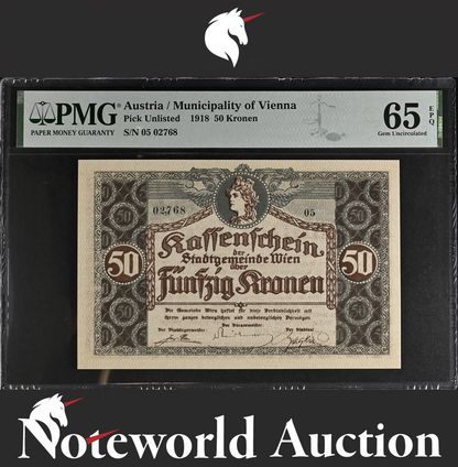 Austria Municipality of Vienna 50 Kronen Pick Unlisted 1918 UNC PMG 65 EPQ