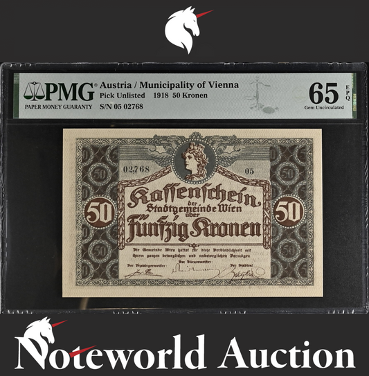 Austria Municipality of Vienna 50 Kronen Pick Unlisted 1918 UNC PMG 65 EPQ