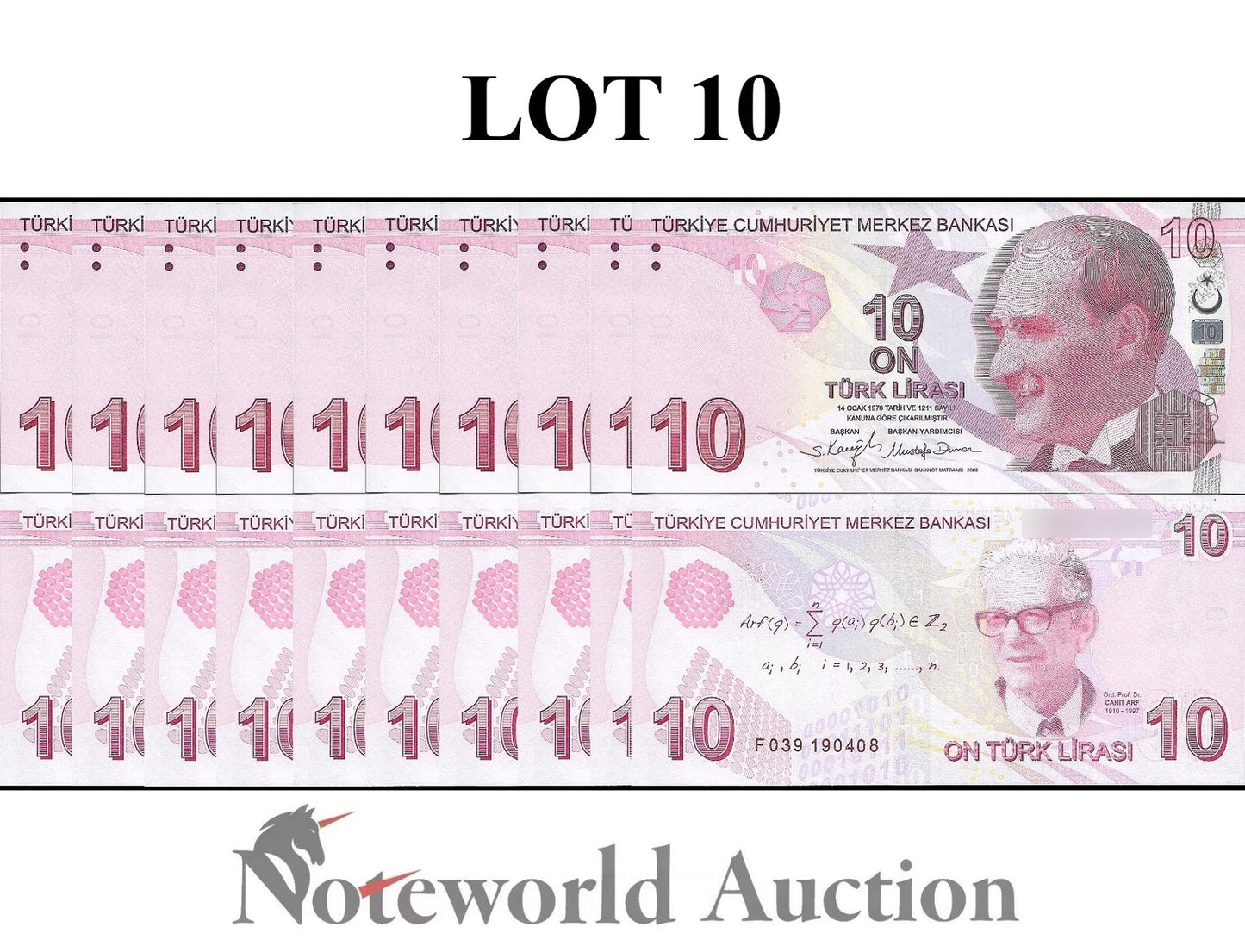 TURKEY Lot 10 pcs 1/10 Bundle - 10 Turk Lirasi 2009 P 223 Random Sign UNC