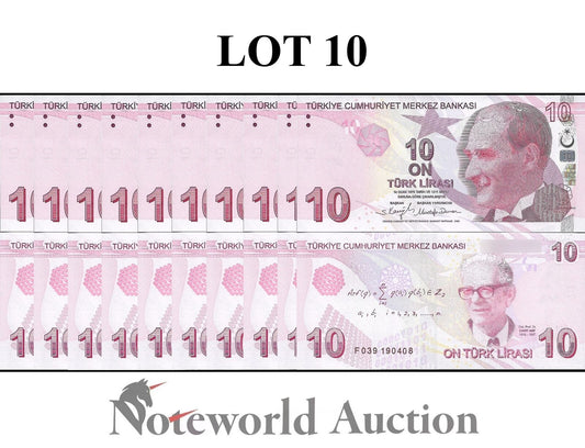 TURKEY Lot 10 pcs 1/10 Bundle - 10 Turk Lirasi 2009 P 223 Random Sign UNC