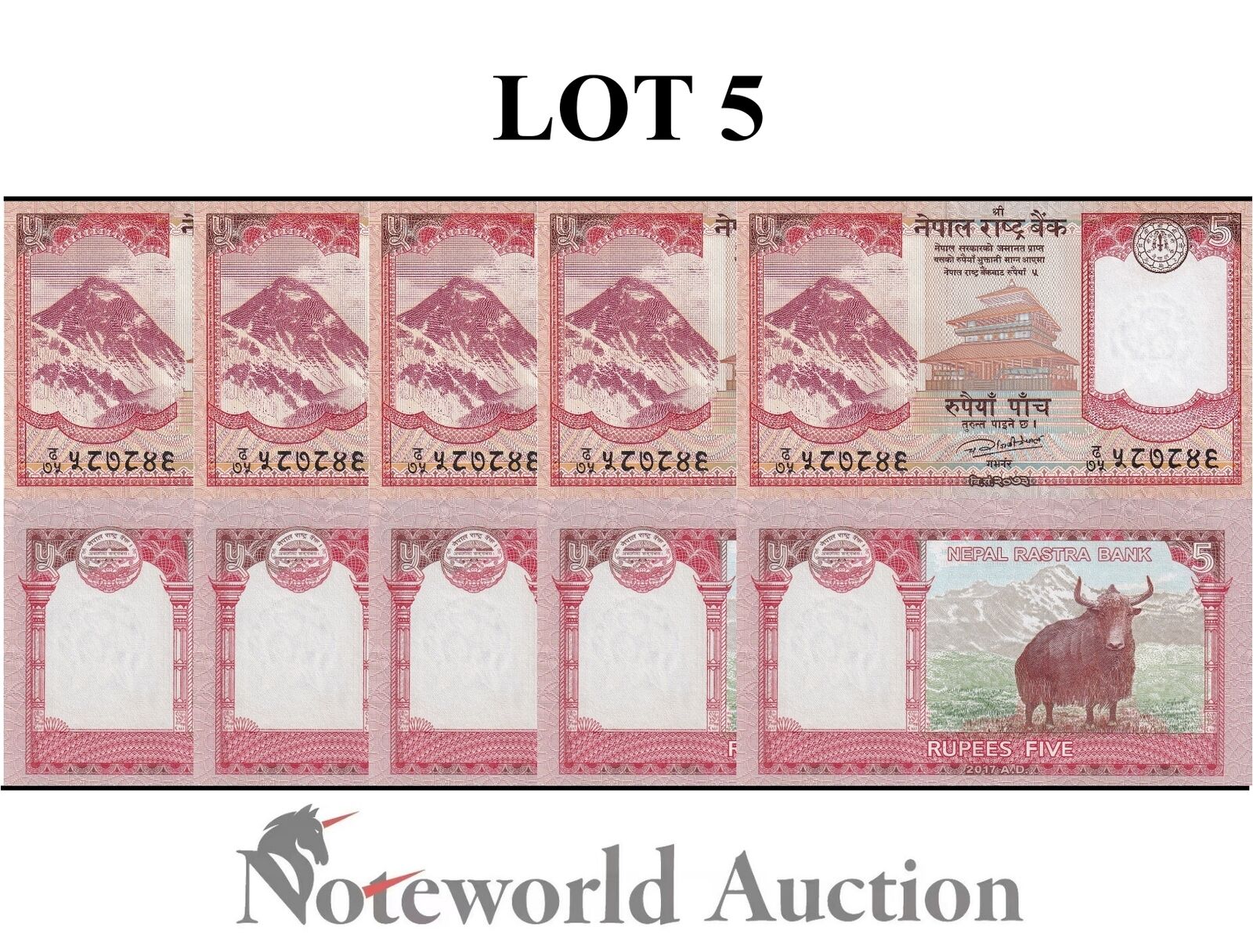 NEPAL Lot 5 pcs 1/20 Bundle - 5 Rupees 2017 P 76 UNC