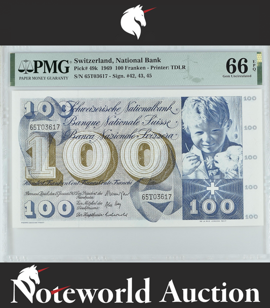 Switzerland National Bank 100 Franken 1969 P 49k UNC PMG 66 EPQ 2nd TOP POP