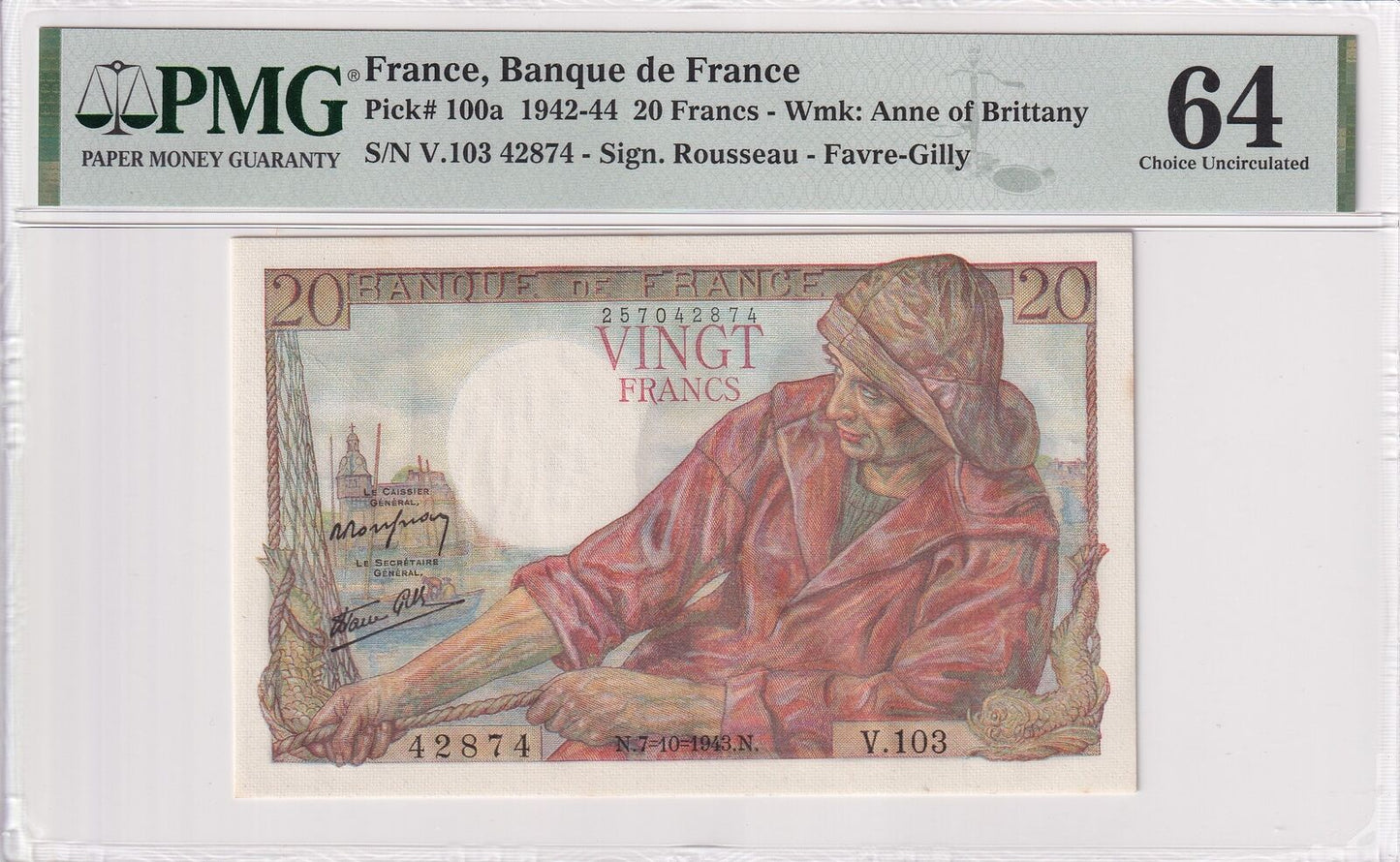 FRANCE 20 Francs 1942-44 P 100a UNC PMG 64