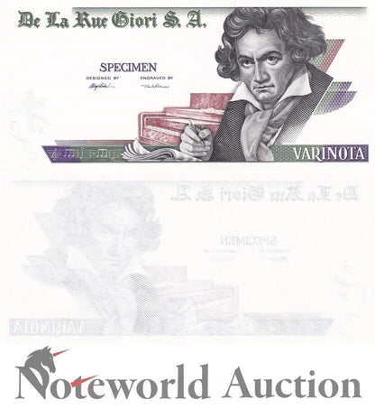 De La Rue Giori TEST NOTE - S.A.Varinota Beethoven Uniface Intaglio Specimen UNC