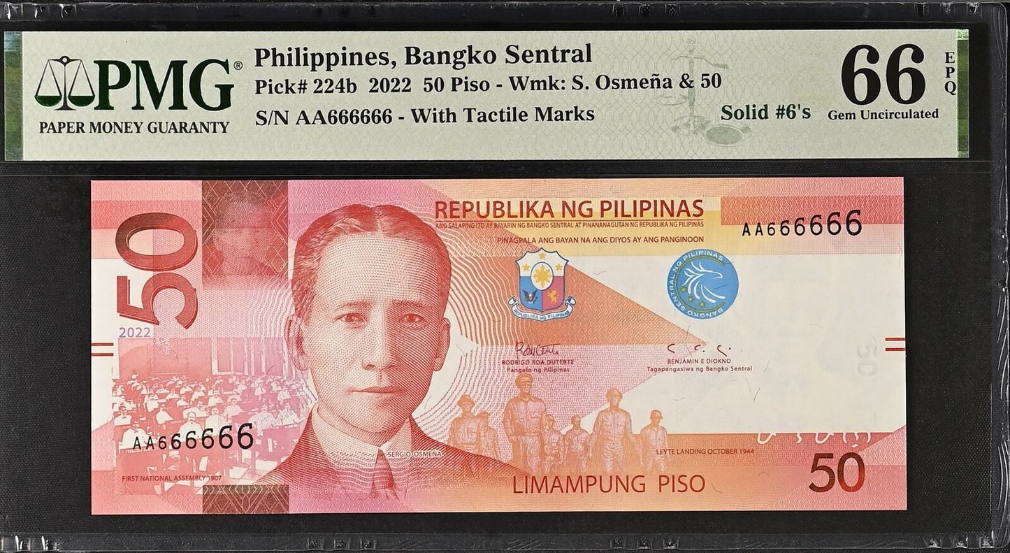 PHILIPPINES 50 2022 P 224b First Prefix AA Fancy SOLID 6 - 666666 PMG 66 EPQ