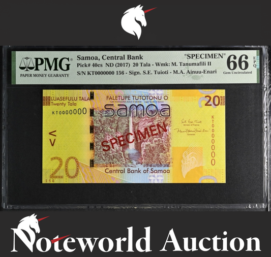 Samoa SPECIMEN 20 Tala ND (2017) P 40cs S/N 156 UNC PMG 66 EPQ 3rd TOP POP