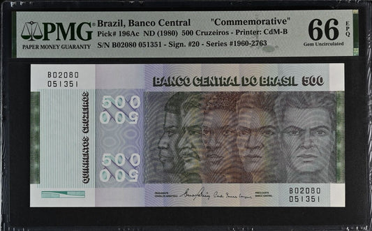 Commemorative - BRAZIL 500 Cruzeiros 1980 P 196Ac 3rd TOP POP UNC PMG 66 EPQ