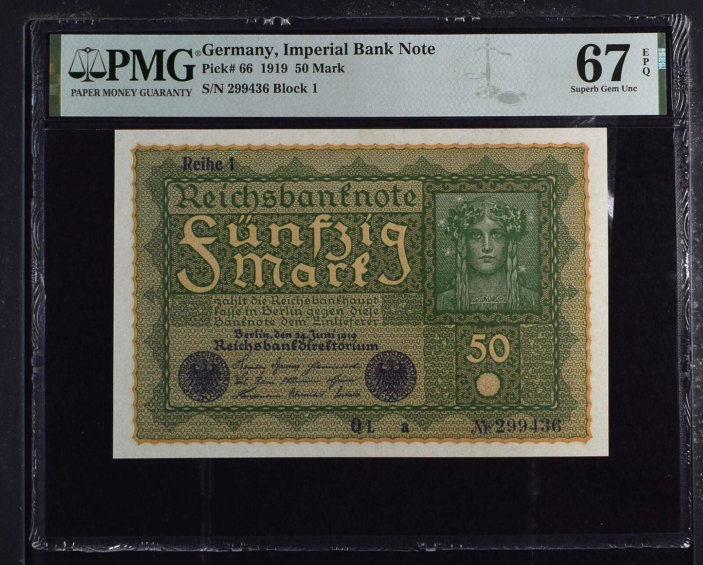 GERMANY IMPERIAL BANK 50 Mark 1919 P 66 2nd Top POP UNC PMG 67 EPQ