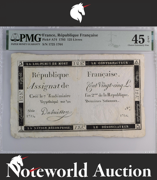 France Republique Francaise 125 Livres 1793 P A74 EF PMG 45 EPQ