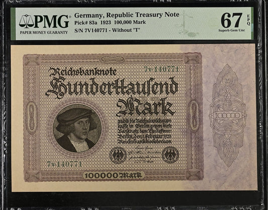 GERMANY TREASURY 100000 Mark 1923 P 83a without ''T'' Top POP UNC PMG 67 EPQ