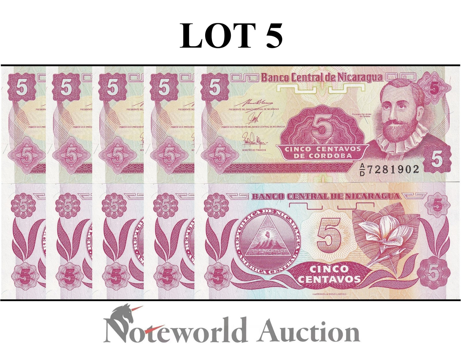 NICARAGUA 5 Centavo de Cordoba ND 1991 P 168 Lot 5 pcs 1/20 Bundle UNC