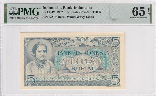 INDONESIA 5 Rupiah 1952 P 42 UNC PMG 65 EPQ