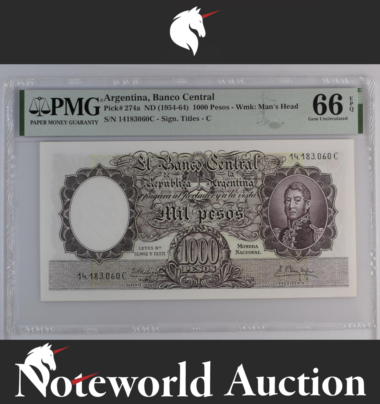 Argentina Banco Central 1000 Pesos ND (1954-64) P 274a UNC PMG 66 EPQ