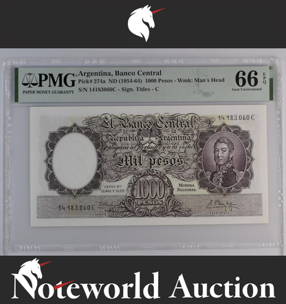 Argentina Banco Central 1000 Pesos ND (1954-64) P 274a UNC PMG 66 EPQ