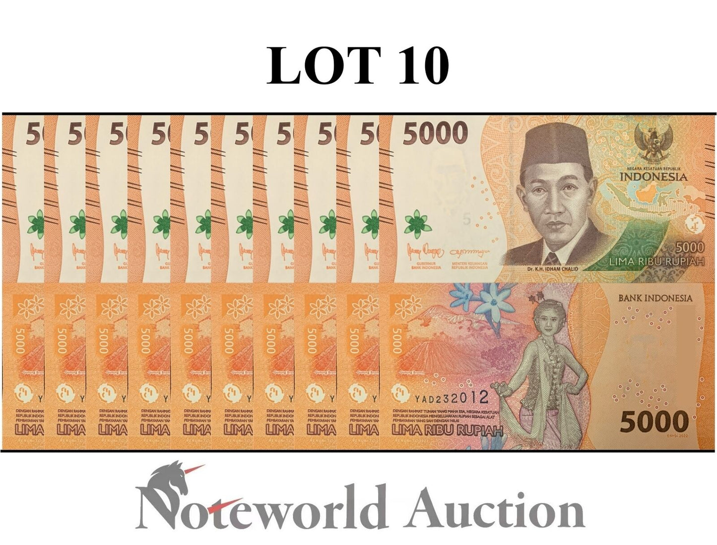 INDONESIA Lot 10 pcs 1/10 Bundle - 5000 Rupiah 2022 P 164 UNC