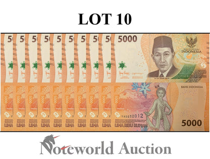 INDONESIA Lot 10 pcs 1/10 Bundle - 5000 Rupiah 2022 P 164 UNC