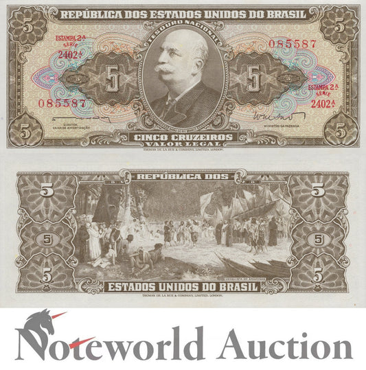 BRAZIL 5 Cruzeiros 1962-1964 P 176a FOXING UNC