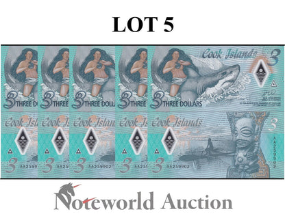 COOK ISLANDS Lot 5 pcs 1/20 Bundle - 10 Dollars ND 2021 P 11 Polymer UNC