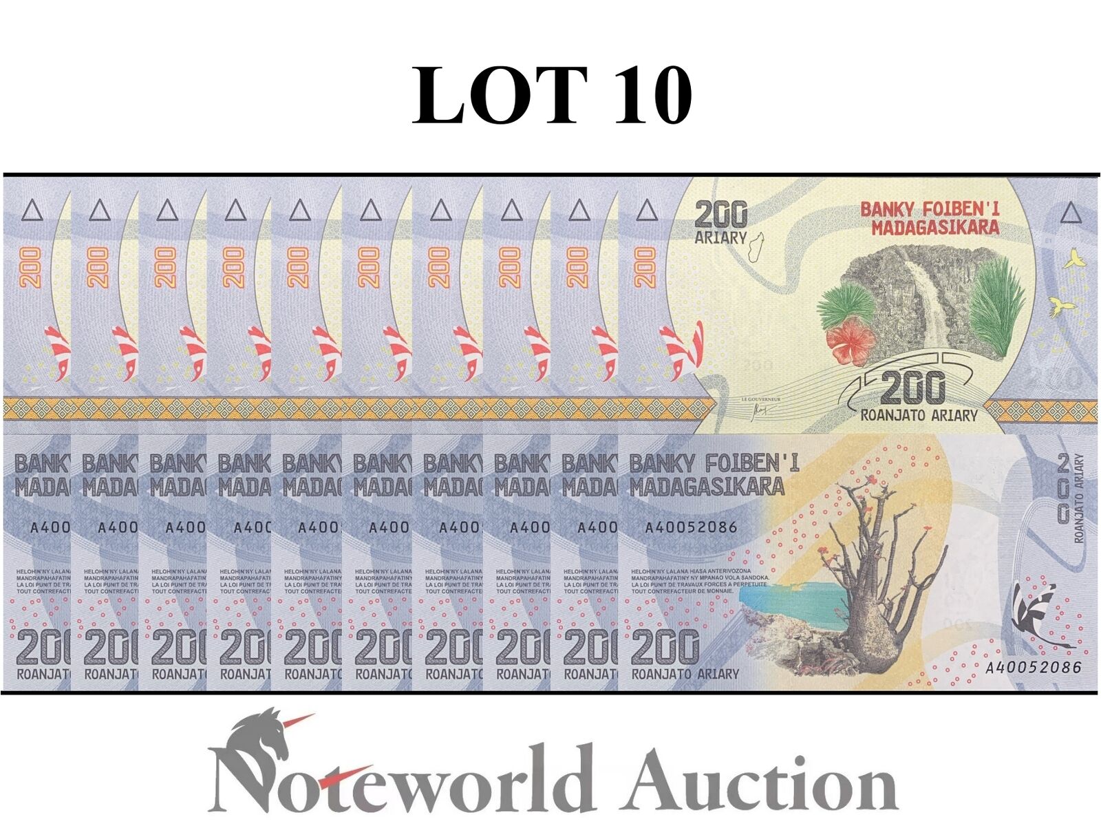 MADAGASCAR Lot 10 pcs 1/10 Bundle - 200 Ariary ND 2017 P 98 UNC