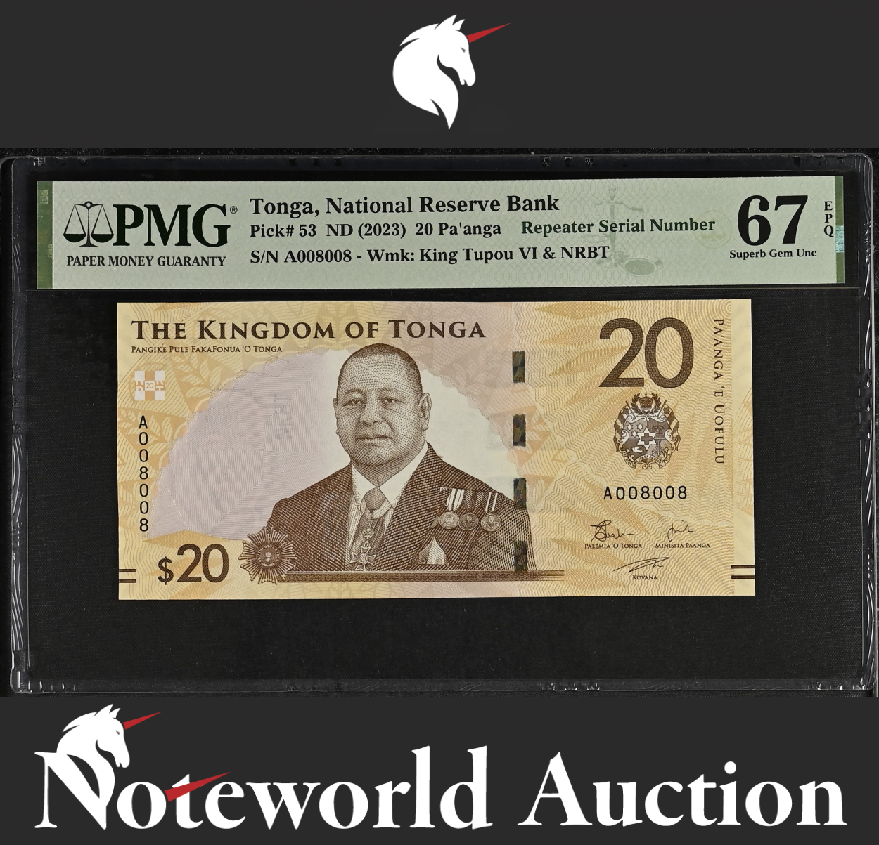 Tonga 20 Pa'anga ND (2023) P 53 Repeater No. 008008 UNC PMG 67 EPQ TOP POP