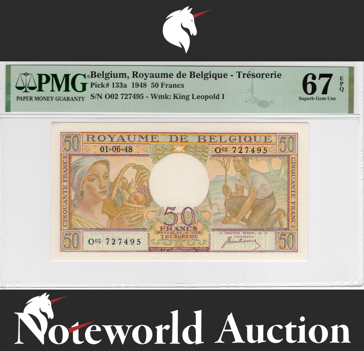 Belgium 50 Francs 1948 P 133a UNC PMG 67 EPQ 