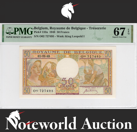 Belgium 50 Francs 1948 P 133a UNC PMG 67 EPQ 