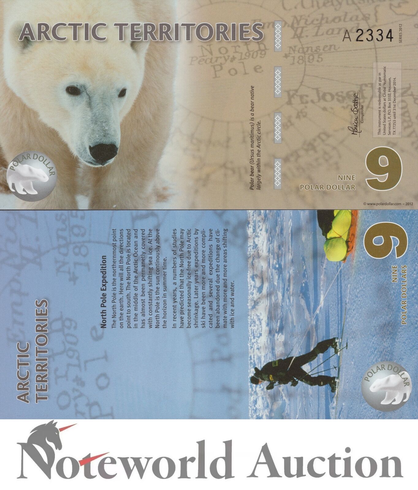 ARCTIC TERRITORIES TEST NOTE - 9 Dollars 2012 Polymer Series A Polar Bear UNC